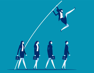 Business person uses pole vault to jump companion to reach the goal. Business advantages and skill vector illustration