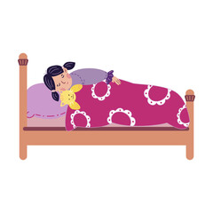 Rest of kids at night. Vector illustration of cute girl sleeping in bed. Cartoon children lying on pillows under blankets in home bedroom isolated on white. Bedtime concept