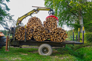 Bundles of firewood on a tractor trailer