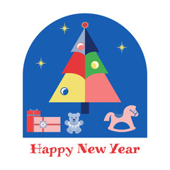 Vector illustration of Merry Christmas and Happy New Year greeting card. Flat, geometric design with Christmas tree, toys, gifts. Template for congratulations and invitations, banner, poster..
