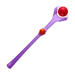 Magic wand for wizard cartoon illustration. Metal magician stick with crystal for game. Staff and equipment for witches. Fantasy, fairy tale concept