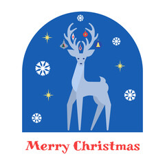 Vector illustration of a Christmas greeting card with a deer. Flat, geometric design with a deer whose antlers are decorated with outdoor toys. Template for congratulations and invitations, banner.