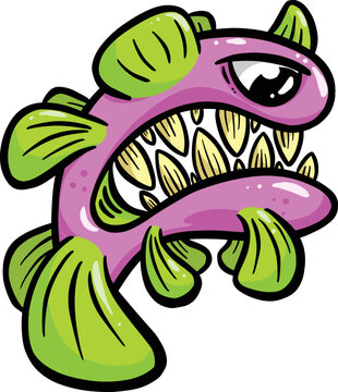 Weird Fish Deep Sea Creature With Big Teeth Cartoon Character In Vector Illustration