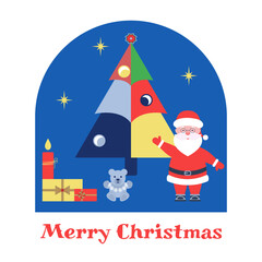 Vector illustration of Merry Christmas greeting card. Flat, geometric design with Christmas tree, toys, gifts. Template for congratulations and invitations, banner, poster..