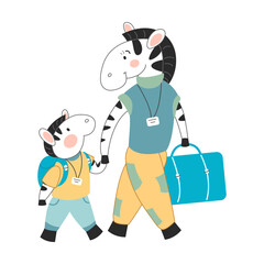 Traveling Zebra family of travelers with bags and backpacks cartoon vector illustration. Animal with tourist accessories. Travel and adventure concept