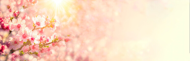 Spring blossom tree pink flowers and abstract background with bokeh sunlights, generative ai cherry blooming banner 