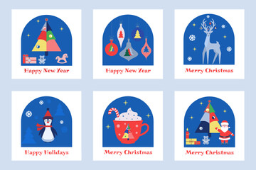 Vector illustration of Merry Christmas and Happy New Year greeting cards. Flat, geometric design with Christmas tree, toys, gifts, Template for congratulations and invitations, banner, poster.