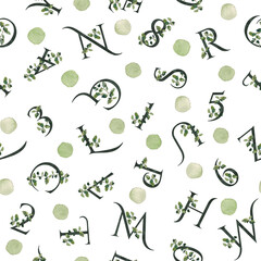 Seamless pattern of floral letter and number monograms with polka dot on white. Watercolour illustration. For textile, wrapping paper, scrapbooking, stationery and packaging design.