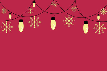 Viva magenta christmas background with garland with beautiful snowflakes and lamps and copy space. New year banner template with place for text.