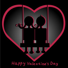 A picture with silhouettes of a girl with pigtails and a boy on a swing in the heart in cut out paper style. Valentines day card. Tender and creative valentine's day concept. 