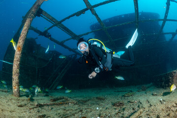 scuba diver over a wreck in the  Sea of Cortez