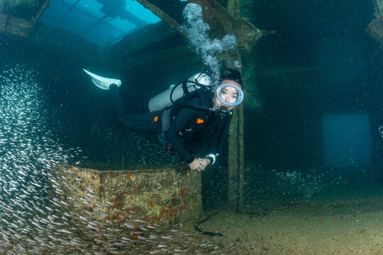 scuba diver over a wreck in the  Sea of Cortez