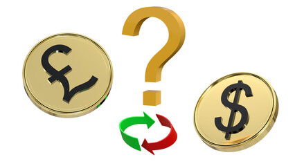 Gold-plated coins with dollar and British pound symbols, a question mark and two arrows in a ring - green and red on a white background. 3D rendering. Finance concept. Isolated