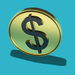 Gilded coin with a dollar symbol and a hard shadow on a blue background - a blank for a seamless graphic pattern. 3D rendering. Finance concept. Layout