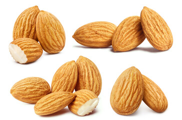 Collection of delicious almonds, isolated on white background