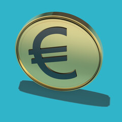 Gold-plated coin with euro symbol and hard shadow on a blue background - a blank for a seamless graphic pattern. 3D rendering. Finance concept. Layout