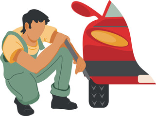 Tire fitter changes or repairs car wheels. Tire shop and service banner template or badge design