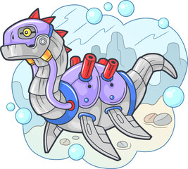 cartoon robot dinosaur plesiosaur, funny illustration