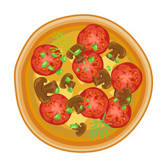 Pizza with fillings top view cartoon illustration. Pepperoni, seafood, vegetarian, Hawaiian. Pizza with chicken, mushrooms or tomato. Traditional Italian food concept