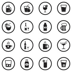 Beverage Icons. Black Flat Design In Circle. Vector Illustration.