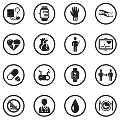 Blood Pressure Icons. Black Flat Design In Circle. Vector Illustration.