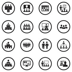 Business Meeting Icons. Black Flat Design In Circle. Vector Illustration.