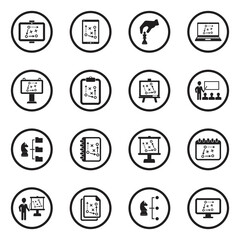 Business Strategy Icons. Black Flat Design In Circle. Vector Illustration.
