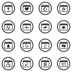 Calendar Event Icons. Black Flat Design In Circle. Vector Illustration.