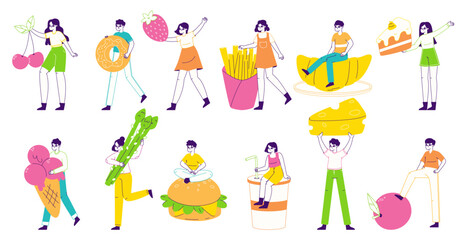 Flat characters with huge food. People carrying fruits, vegetables, cake, pizza and drinks flat vector illustration set. Tiny persons carry various dishes