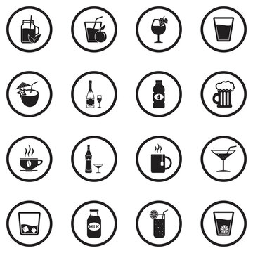 Beverage Icons. Black Flat Design In Circle. Vector Illustration.