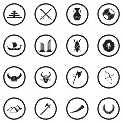 Ancient Icons. Black Flat Design In Circle. Vector Illustration.