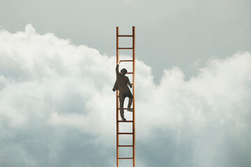 surreal man tries to reach the sky with a ladder, concept is business and succes - obrazy, fototapety, plakaty