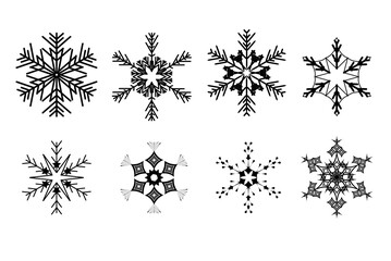 Snowflakes eight graphics. Black and white graphics. Christmas symbols. Winter postcard. Signs of winter.