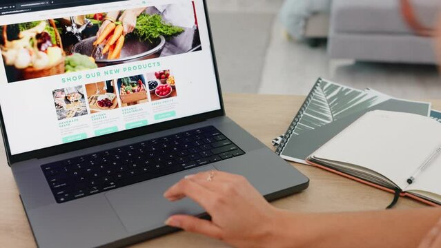 Food blog, laptop and blogger with website, woman hand scroll online with content research or post inspiration for copywriting and site ideas. Writer, creative and web design with digital marketing.