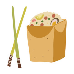 Rise wok vith vegatables and chopsticks. Asian street food.