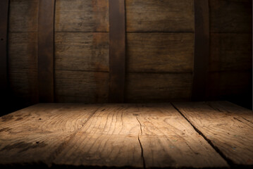 mug of beer, wheat ears, hops and beer barrel on a wooden background. High quality photo