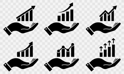 Set of hand with growth graph vector icons. Hand and business chart. Financial rise up. Increase profit.