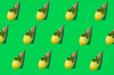 Ice cream cone with lemon on the green background. Pattern. Flat lay. Top view.
