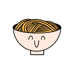Cute kawaii noodles with face, icon on isolated background. Chinese and Japanese cuisine. Vector illustration in doodle style