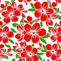 symmetrical seamless pattern of red flowers on a white background, texture, design
