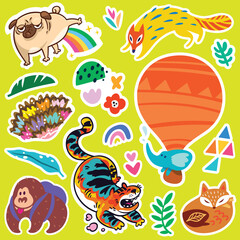 Lovely collection of yellow and orange stickers. Fantasy cartoon animals and creatures vector illustration