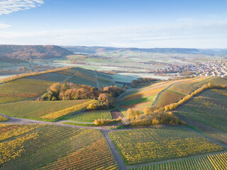Luftaufnahme der herbstlichen Weinberge bei Öhringen
