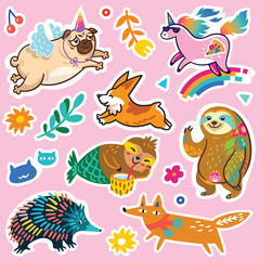 Lovely collection of yellow, pink and orange stickers. Fantasy cartoon animals and creatures vector illustration
