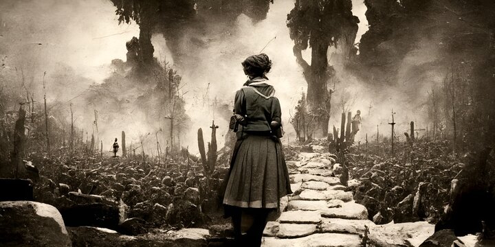 A young from her behind walking into the horrifying scene of a WW 2 battlefield.