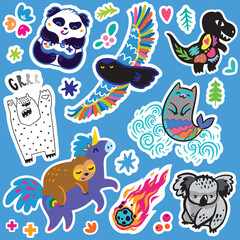 Fototapeta premium Lovely collection of blue stickers. Fantasy cartoon animals and creatures vector illustration