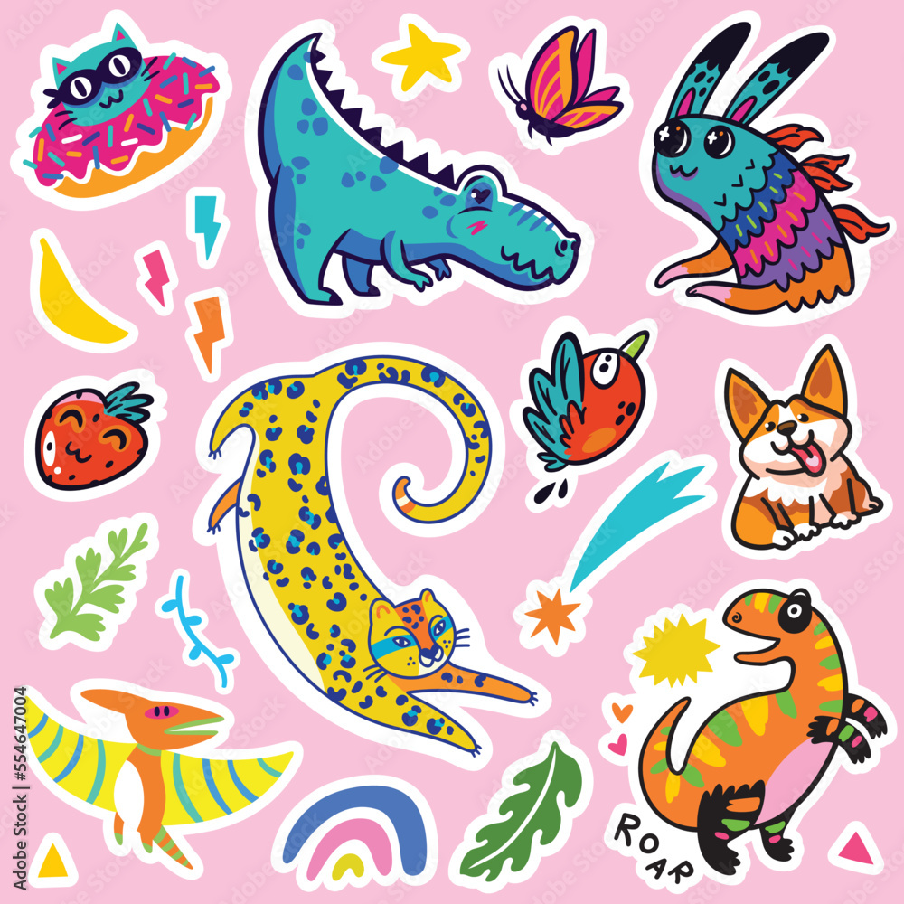 Wall mural lovely collection of yellow, orange, blue and pink stickers. fantasy cartoon animals and creatures v