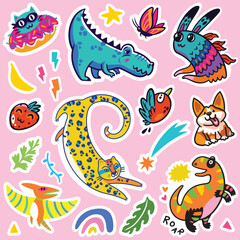 Lovely collection of yellow, orange, blue and pink stickers. Fantasy cartoon animals and creatures vector illustration