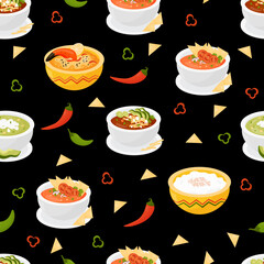 Mexican tomato soup with tortilla chips, green avocado soup, rice pudding and Hot crab pie on black background with chili peppers. Vector illustration. Endless background with national food in plates.