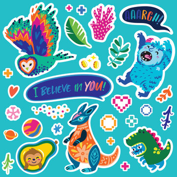 Lovely collection of green and blue stickers. Fantasy cartoon animals and creatures vector illustration