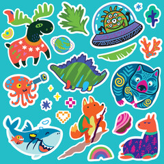 Lovely collection of green, blue and orange stickers. Fantasy cartoon animals and creatures vector illustration